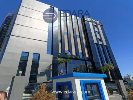 Modern commercial building with a glass facade and palm trees in front, located in Cairo.