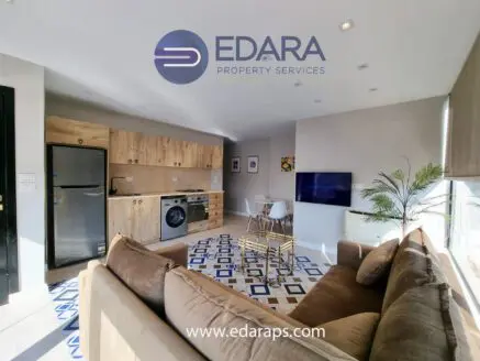 Interior view of a modern apartment featuring a kitchen, living area, and decorative elements.