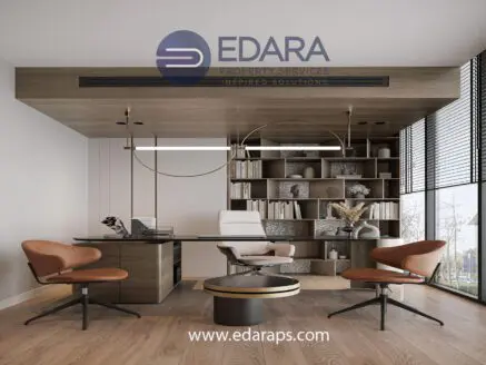 Contemporary office space featuring a desk, chairs, and shelving with decorative items.