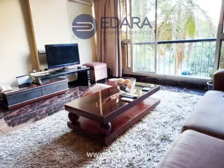 Interior view of a living room featuring a sofa, coffee table, and television setup.