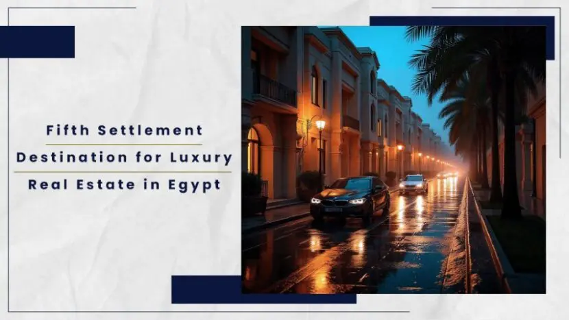 Street view of the Fifth Settlement in Egypt featuring luxury real estate and palm trees at dusk.