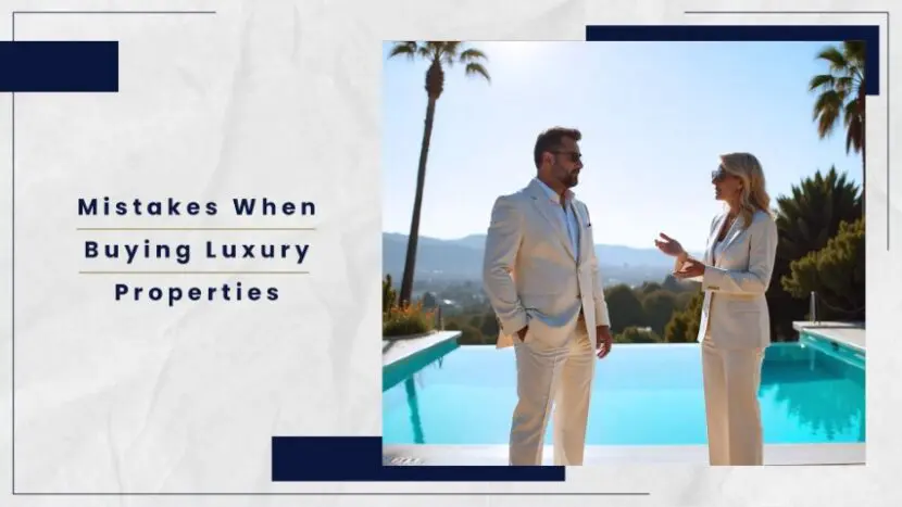 A couple in formal attire discussing luxury property by a pool with palm trees in the background.