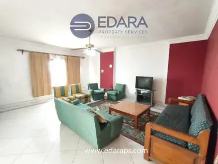 Living room featuring green and yellow patterned sofas, a wooden coffee table, and a television against a red wall.