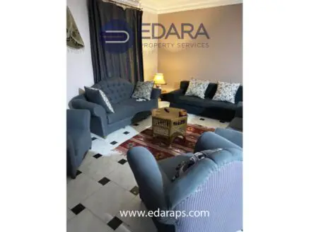 Living room featuring blue sofas, decorative pillows, and a patterned rug on a tiled floor.