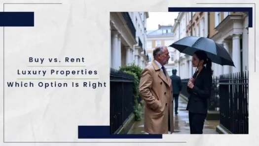 Two individuals discussing luxury property options while holding an umbrella in a city setting.