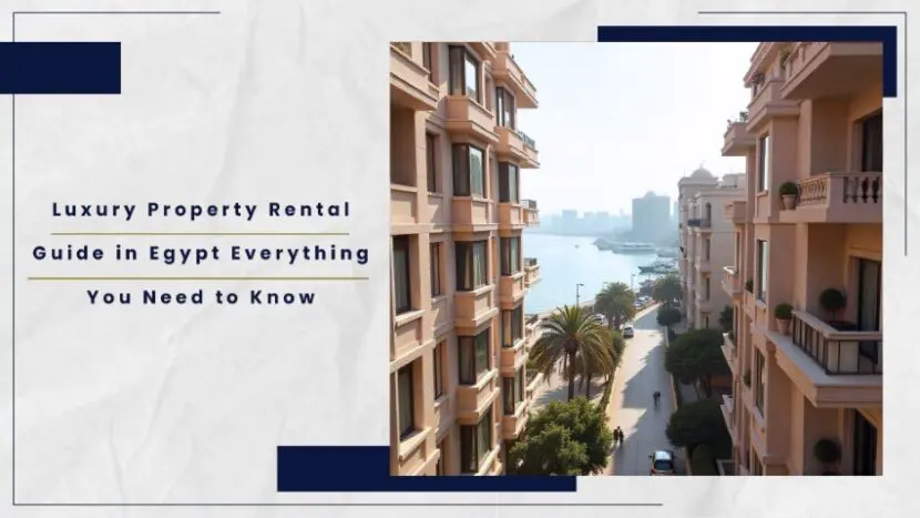 View of a luxury property rental guide in Egypt with palm trees and buildings along a waterfront.