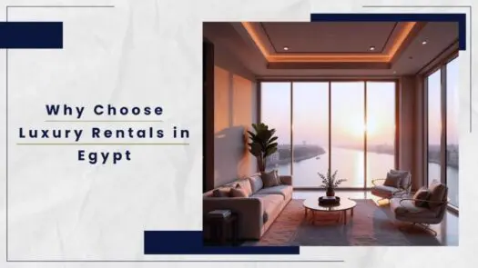 Modern living room with large windows overlooking a river at sunset in a luxury apartment in Egypt.