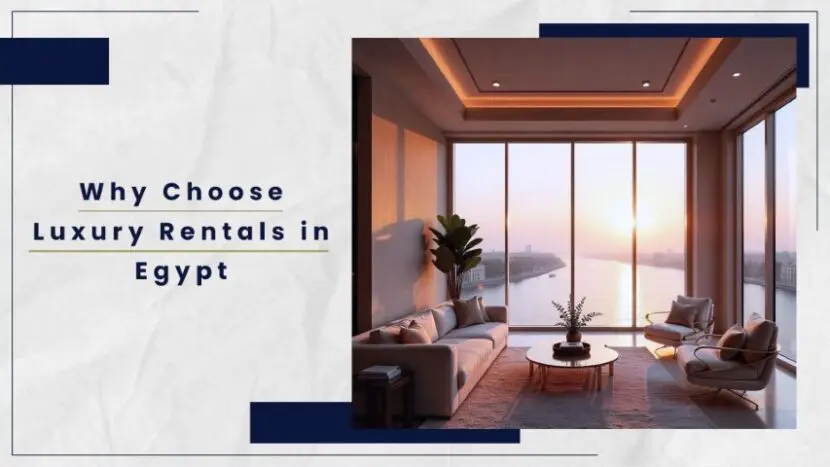 Modern living room with large windows overlooking a river at sunset in a luxury apartment in Egypt.