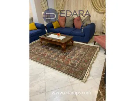 A living room featuring a traditional patterned rug and a wooden coffee table with decorative items.