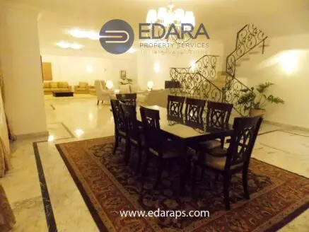 Dining area featuring a large wooden table surrounded by chairs on a patterned rug.