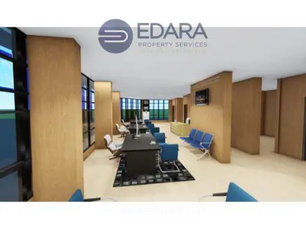 Interior view of a modern office space featuring wooden panels and contemporary furniture.
