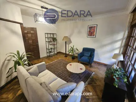Cozy living room featuring a white sofa, blue armchair, and decorative plants in a well-lit space.