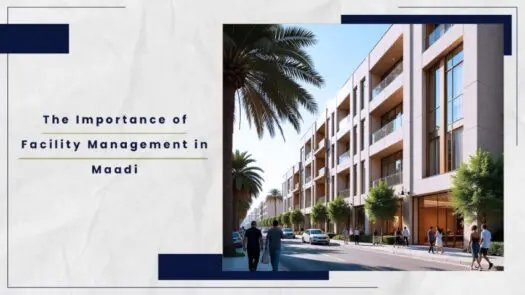 Contemporary residential building in Maadi with palm trees lining the street and pedestrians walking.