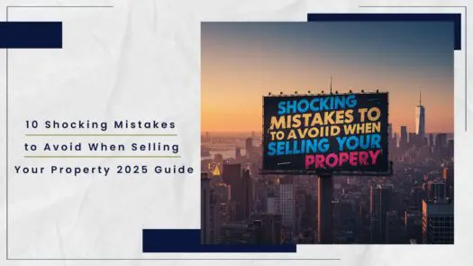 Billboard with text about mistakes to avoid when selling property, set against a city skyline at sunset.
