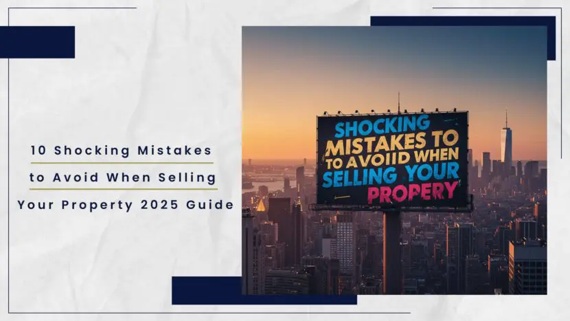 Billboard with text about mistakes to avoid when selling property, set against a city skyline at sunset.