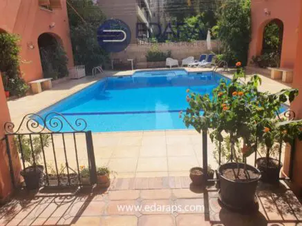 Swimming pool surrounded by potted plants and lounge chairs in a residential setting.