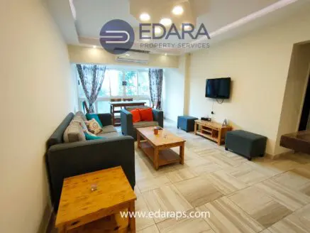 Modern living room featuring a gray sofa, wooden coffee table, and television mounted on the wall.
