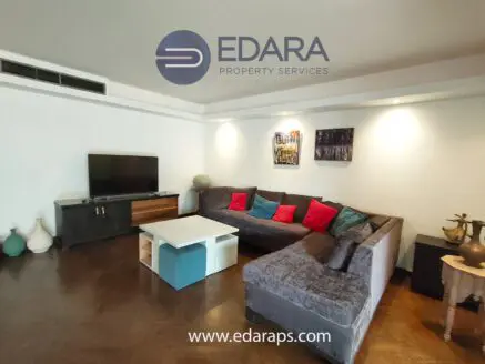 Modern living room featuring a gray sofa with colorful cushions and a coffee table.