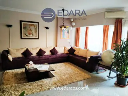 Living room featuring a large purple sectional sofa, a coffee table, and decorative plants.