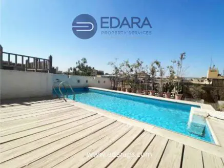 Swimming pool with a wooden deck and potted plants in a rooftop setting.