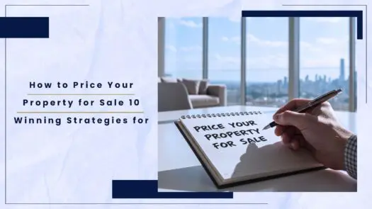 Hand writing 'Price Your Property for Sale' in a notebook with a city view in the background.