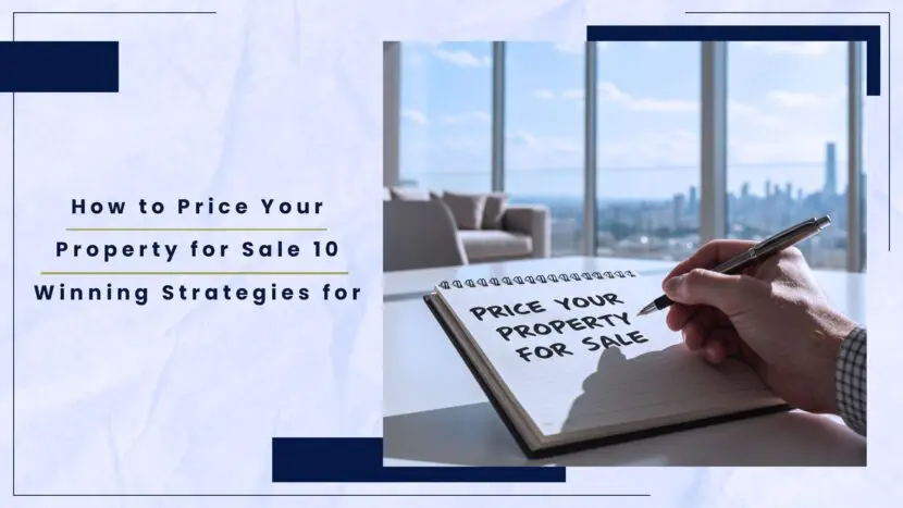 Hand writing 'Price Your Property for Sale' in a notebook with a city view in the background.