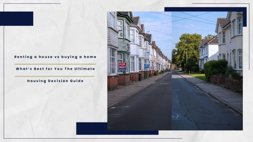 Row of residential houses with a 'For Rent' sign on one property along a quiet street.