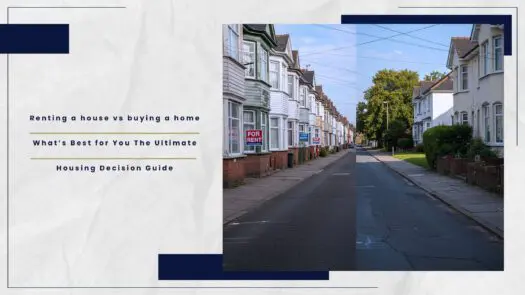 Row of residential houses with a 'For Rent' sign on one property along a quiet street.