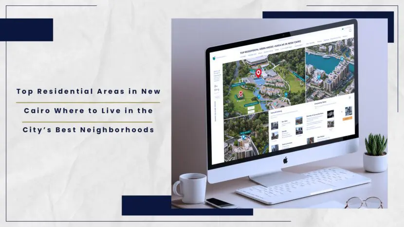 Computer screen displaying a map of residential areas in New Cairo with information on neighborhoods.