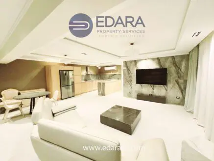 Contemporary living room featuring a kitchen area with marble accents and modern furnishings.