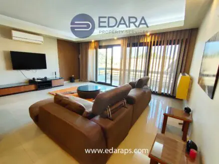 Spacious living room with a brown sofa, television, and large windows allowing natural light.