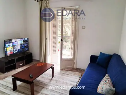 Living room featuring a blue sofa, wooden coffee table, and a television on a stand.