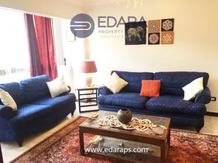 Living room featuring blue sofas with white cushions and a decorative coffee table.