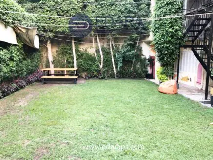 Open green lawn area with a wooden bench and bean bag in a landscaped garden setting.