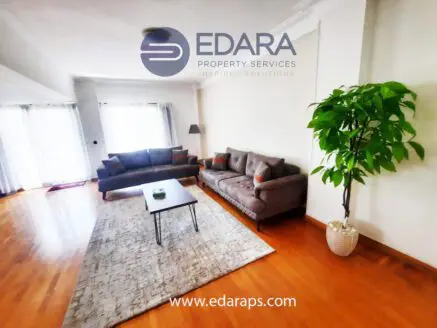 Modern living room featuring a gray sofa, coffee table, and potted plant on wooden floor.