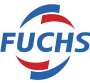 Fuchs logo featuring blue text with red and blue curved elements surrounding the word.