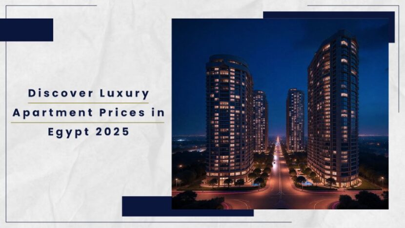 Night view of luxury apartment buildings in Egypt with illuminated windows and a clear sky.