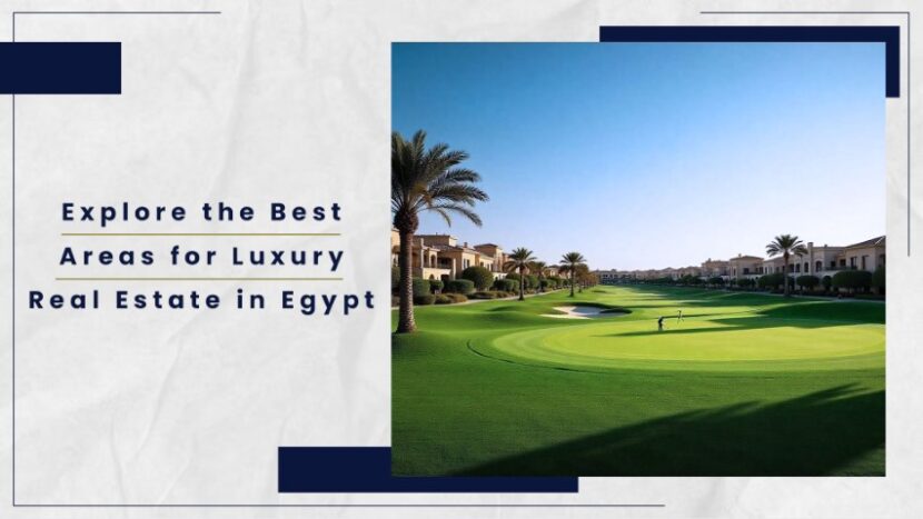 Lush green golf course with palm trees and residential buildings in a luxury real estate area in Egypt.