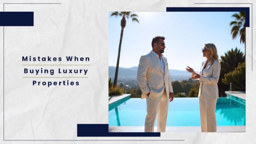 A couple in formal attire discussing luxury property by a pool with palm trees in the background.