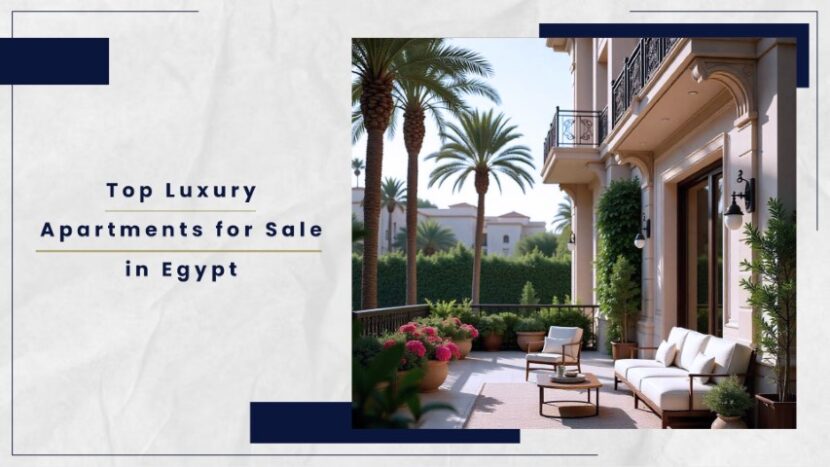 Exterior view of a luxury apartment with seating area and palm trees in the background.