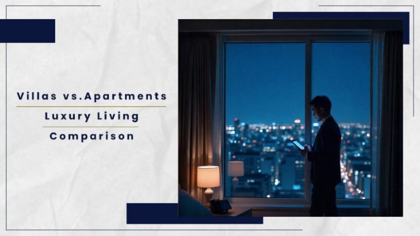 Silhouette of a man holding a tablet in a room with a city view at night, comparing villas and apartments.