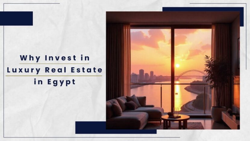 Interior view of a modern living room with a sunset over a river in Egypt.