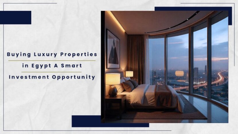 Modern luxury bedroom featuring large windows with a city skyline view at dusk.