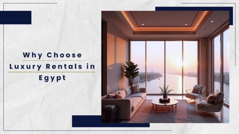 Modern living room with large windows overlooking a river at sunset in a luxury apartment in Egypt.